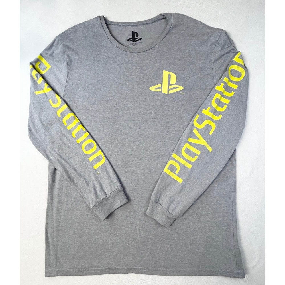 PlayStation Mens Long Sleeve Graphic T-Shirt Gray Neon Yellow Logo Size L